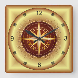 Beautiful Unique Gold & Maroon Compass ~ Square Wall Clock