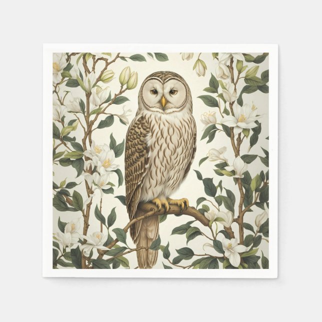 Beautiful Ural Owl And Magnolia Blossoms Napkins (Front)