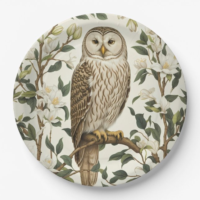 Beautiful Ural Owl And Magnolia Blossoms Paper Plates (Front)