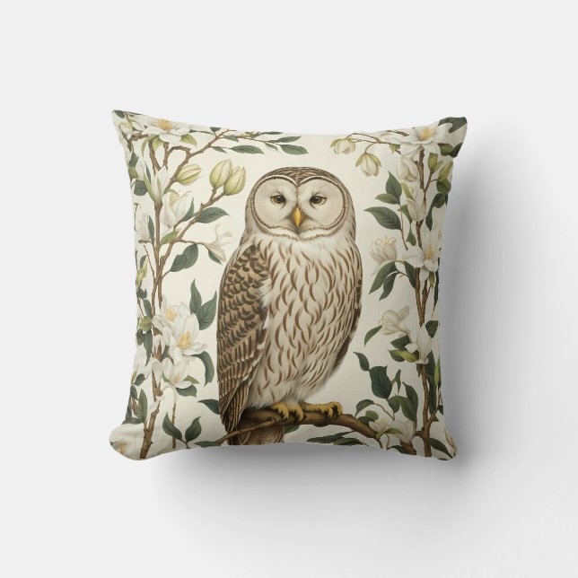Beautiful Ural Owl And Magnolia Blossoms Throw Pillow (Front)