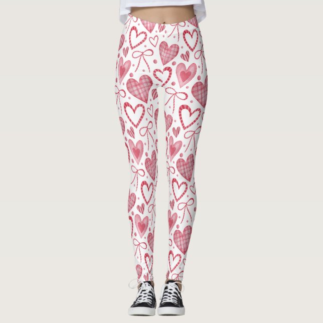 Beautiful Valentines Day Hearts Pattern Pink white Leggings (Front)