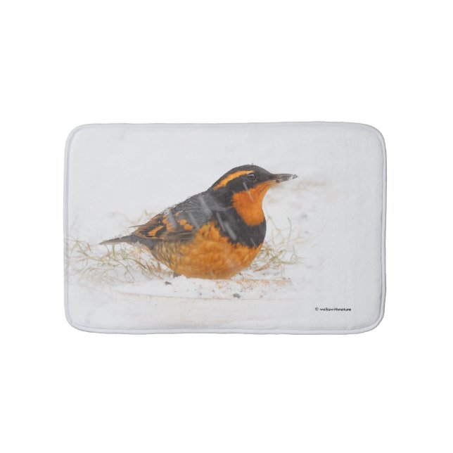Beautiful Varied Thrush Songbird in the Snow Bathroom Mat (Front)