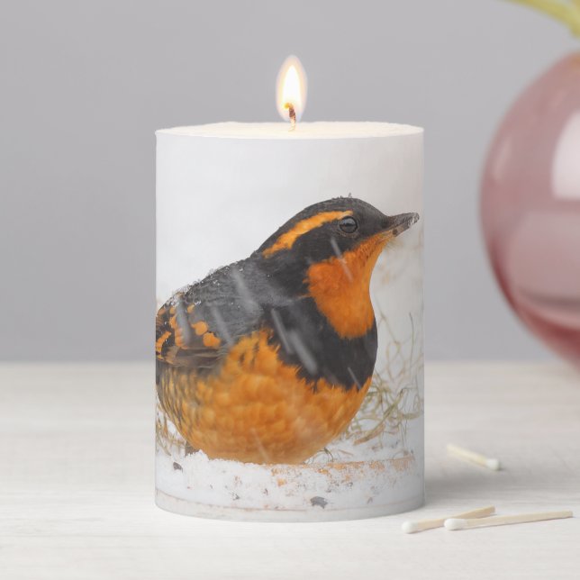 Beautiful Varied Thrush Songbird on a Snowy Day Pillar Candle (In Situ)