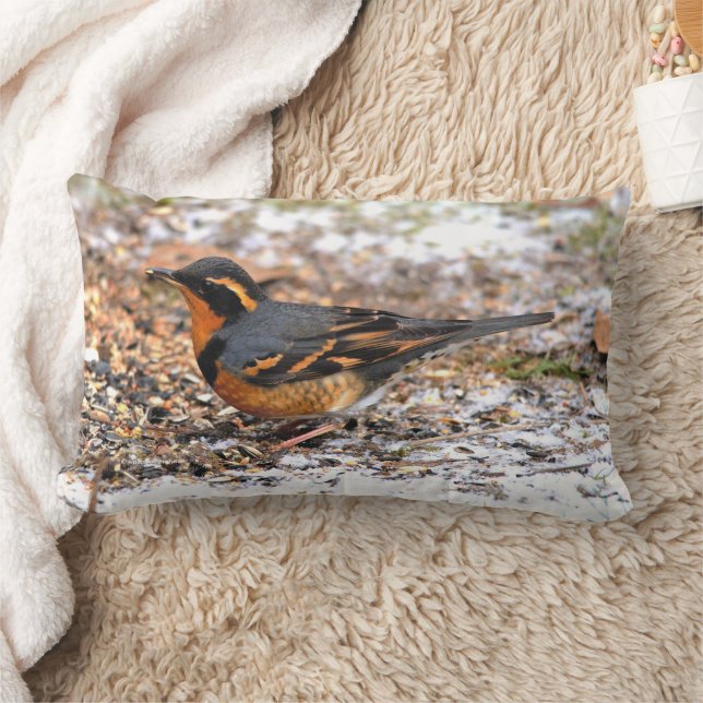 Beautiful Varied Thrush Songbird on Snowy Ground Lumbar Pillow (Blanket)