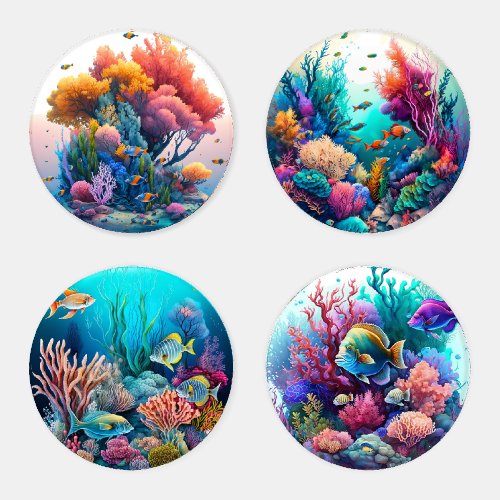Beautiful Vibrant Coral Reef Graphic Print Coaster Set