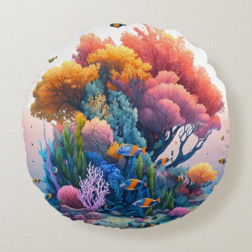 Beautiful Vibrant Coral Reef Graphic Print Round Pillow
