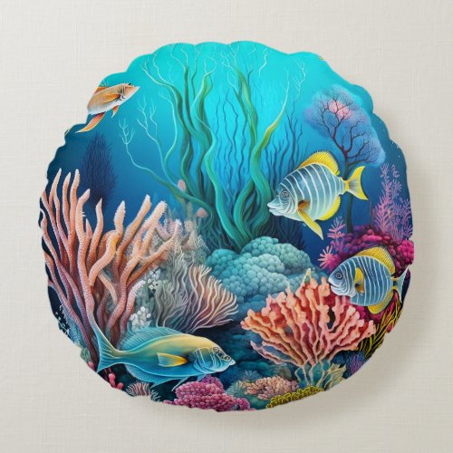 Beautiful Vibrant Coral Reef Graphic Print Round Pillow