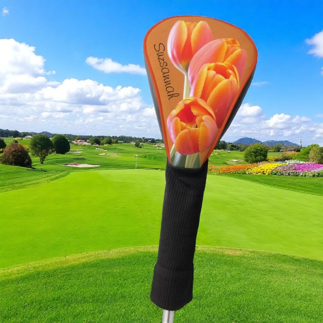 Beautiful Vibrant Orange Tulip Custom Name Golf Head Cover (colorful floral and template name club cover)
