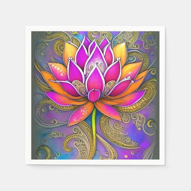 Beautiful Vibrant Pink Orange Ornate Lotus Flower Napkins (Front)