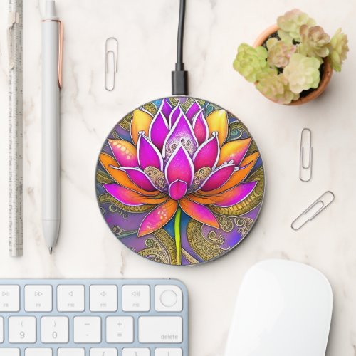 Beautiful Vibrant Pink Orange Ornate Lotus Flower Wireless Charger