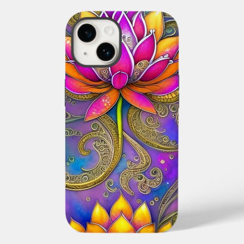 Beautiful Vibrant Pink Orange Ornate Lotus Flowers Case_Mate iPhone 14 Case