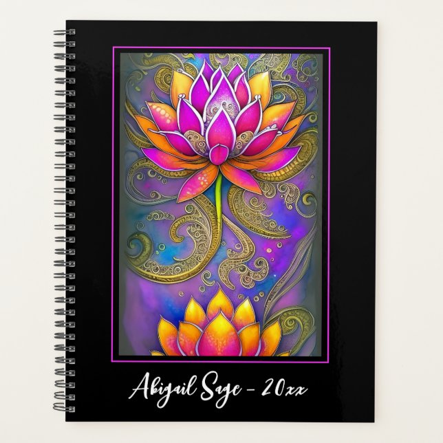 Beautiful Vibrant Pink Ornate Lotus Flowers Planner (Front)