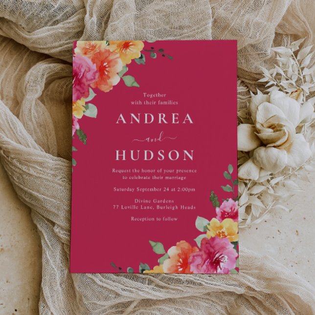 Beautiful Vibrant Pink Watercolor Floral Wedding Invitation (Creator Uploaded)