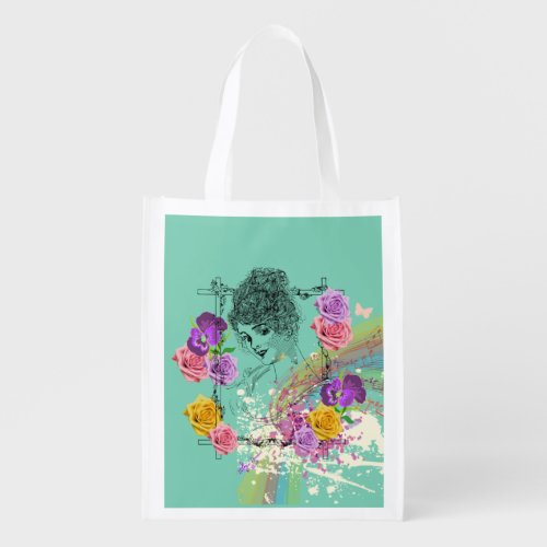 Beautiful Victorian Lady Teal Floral  Grocery Bag