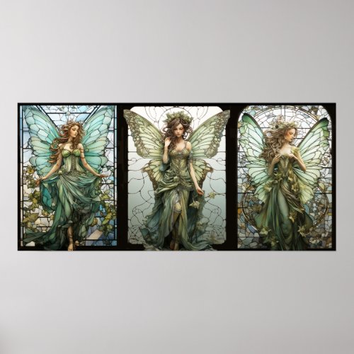 Beautiful Victorian Winged Fairies Stained Glass Poster