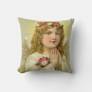 Beautiful Vintage Angel Praying Rosary Throw Pillow