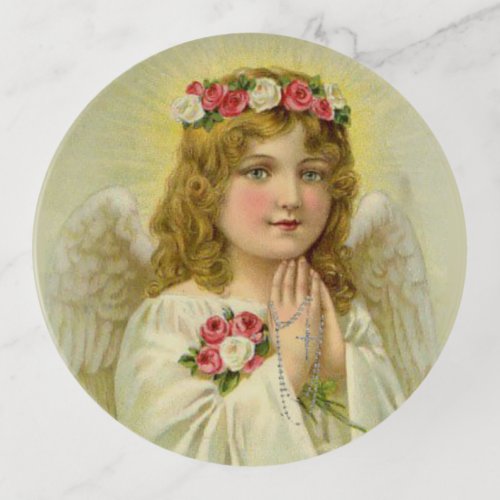 Beautiful Vintage Angel Praying Rosary Trinket Tray