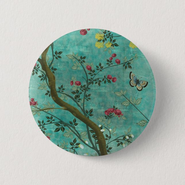 Beautiful vintage antique blossom tree butterflies button (Front)