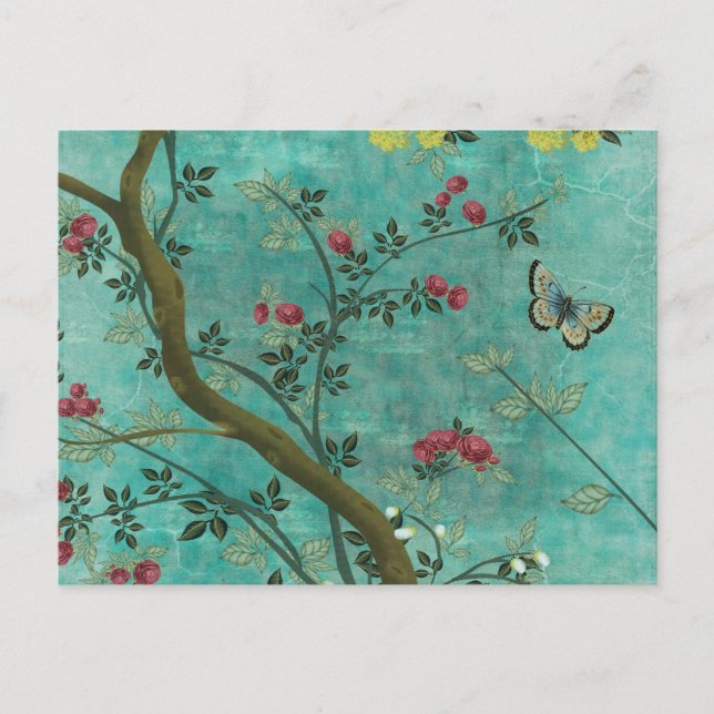 Beautiful vintage antique blossom tree butterflies postcard (Front)