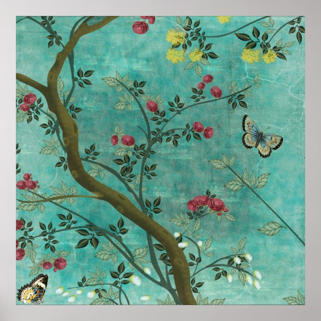 Beautiful vintage antique blossom tree butterflies poster (Front)