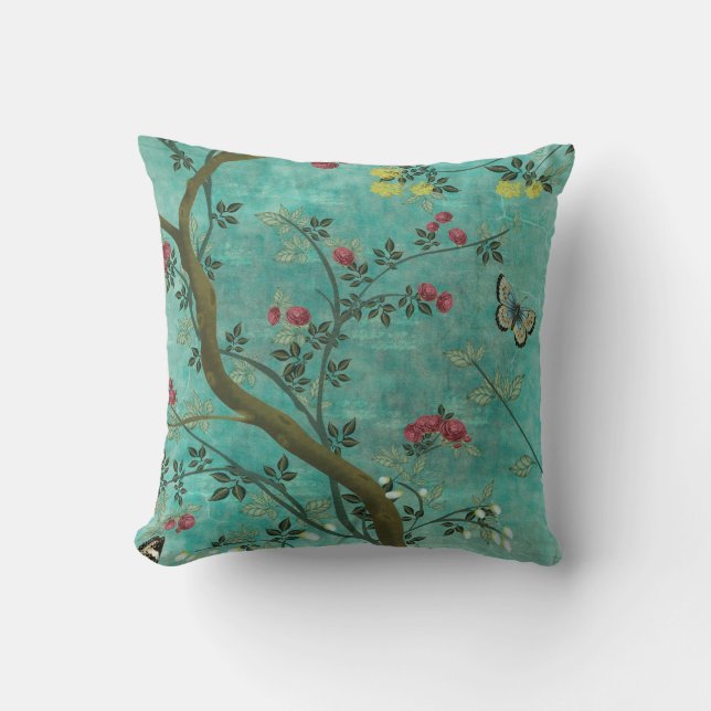 Beautiful vintage antique blossom tree butterflies throw pillow (Front)