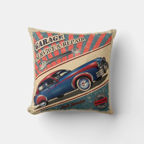 Beautiful Vintage Auto Repair Shop Throw Pillow