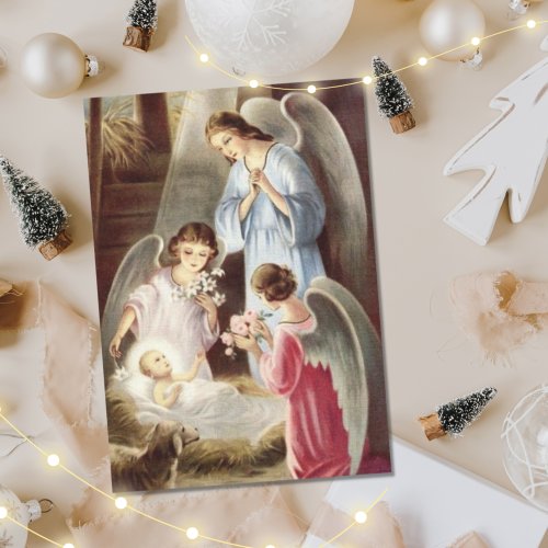 Beautiful Vintage Baby Jesus and Angels Christmas Holiday Card