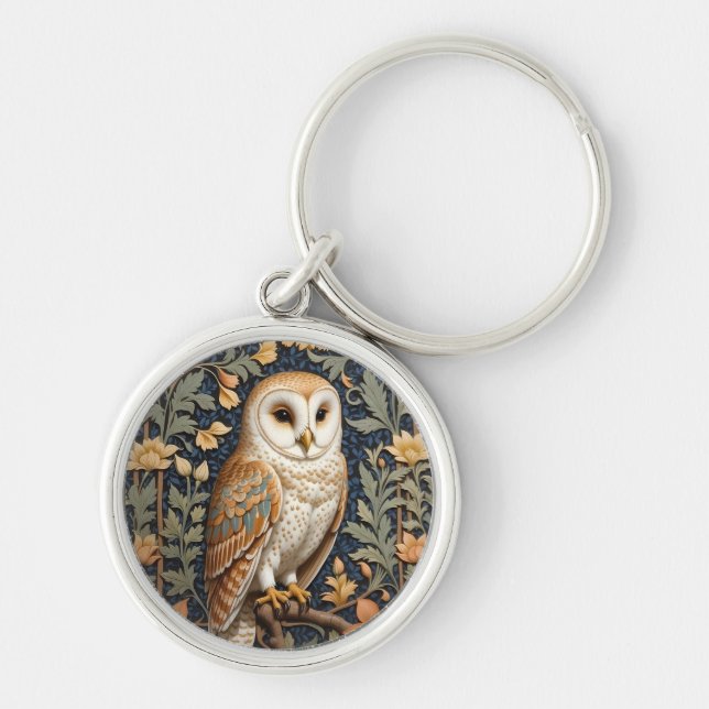 Beautiful Vintage Barn Owl William Morris Inspired Keychain (Front)