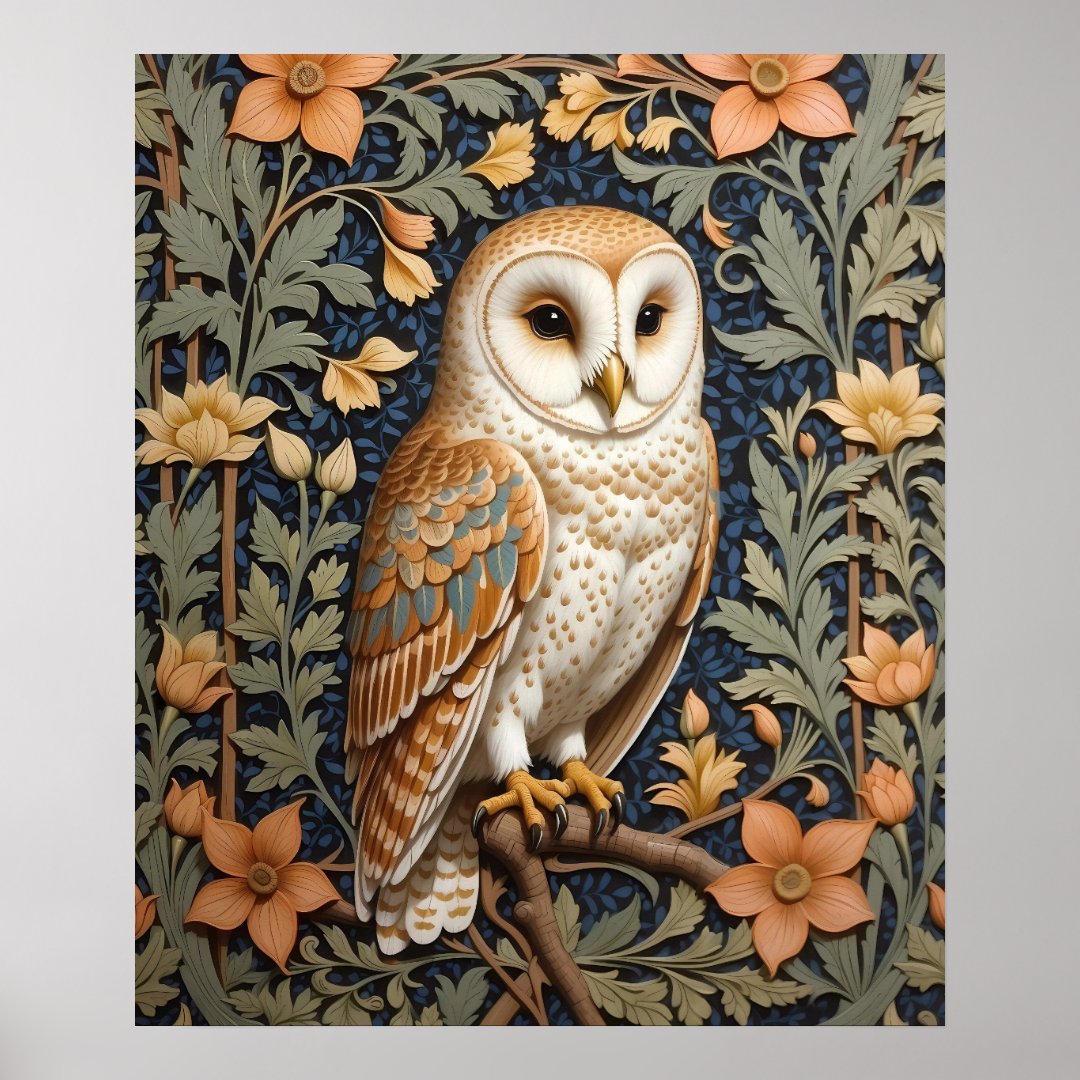 Beautiful Vintage Barn Owl William Morris Inspired Poster (Front)