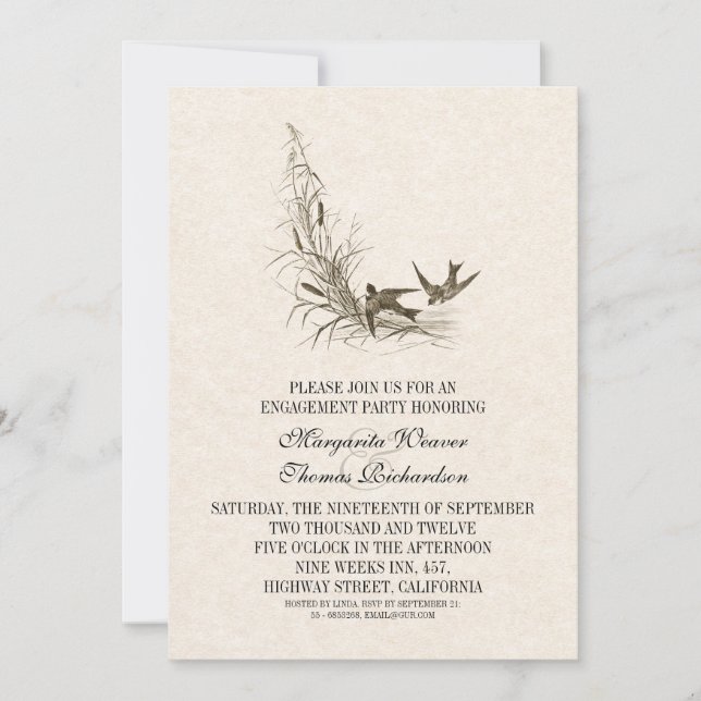 beautiful vintage birds engagement party invites (Front)