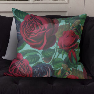 Beautiful Vintage Blue And Red Roses On Light Teal Throw Pillow