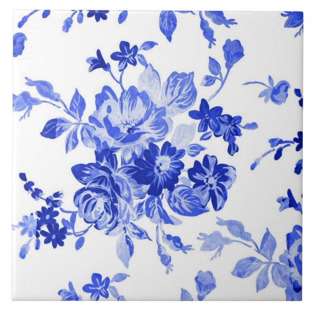 Beautiful vintage blue floral pattern ceramic tile (Front)