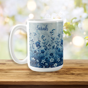 Beautiful Vintage Blue Tropical Hawaiian Flowered Coffee Mug