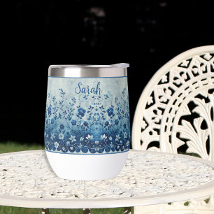 Beautiful Vintage Blue Tropical Hawaiian Flowered Thermal Wine Tumbler
