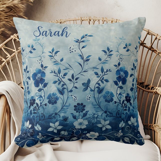 Beautiful Vintage Blue Tropical Hawaiian Flowered  Throw Pillow (Creator Uploaded)
