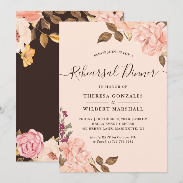 Beautiful Vintage Blush Floral Rehearsal Dinner Invitation (Front/Back)