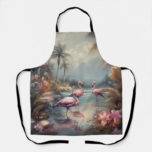 beautiful vintage botanical painting flamingos apron