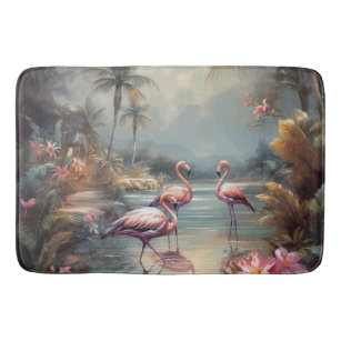 beautiful vintage botanical painting flamingos bath mat