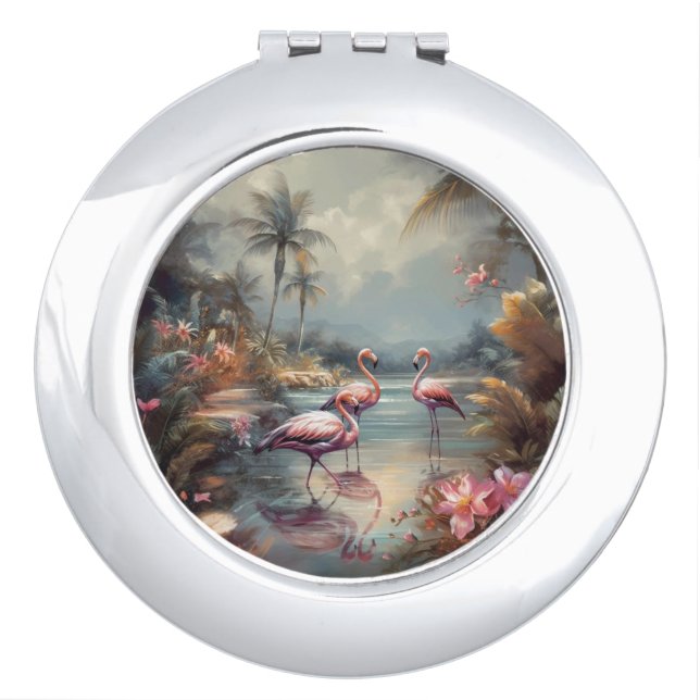 beautiful vintage botanical painting flamingos compact mirror (Front)