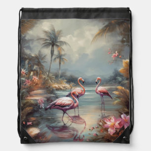 beautiful vintage botanical painting flamingos drawstring bag