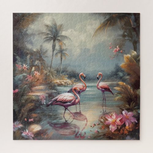 beautiful vintage botanical painting flamingos jigsaw puzzle