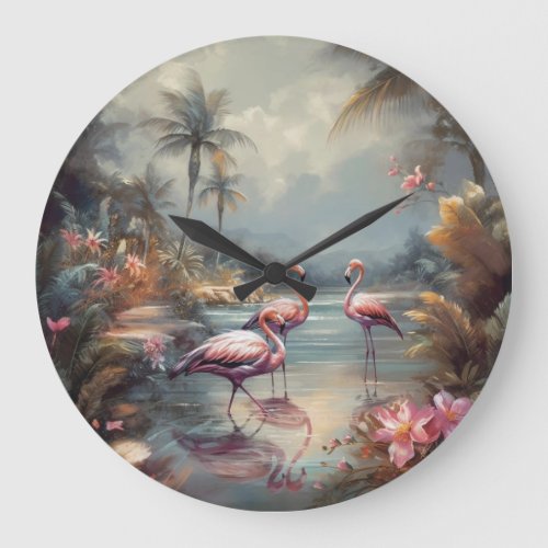 beautiful vintage botanical painting flamingos large clock