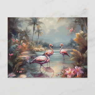 beautiful vintage botanical painting flamingos postcard