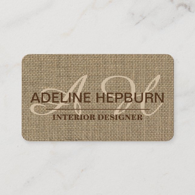 Beautiful, Vintage Burlap Custom Monogram Business Card (Front)