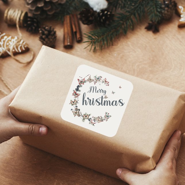 Beautiful Vintage Butterflies Merry Christmas  Square Sticker (Creator Uploaded)