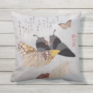 Beautiful Vintage Butterfly Japanese Scroll Outdoor Pillow