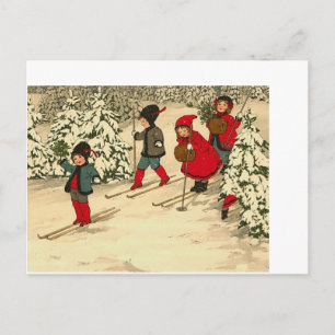 Beautiful Vintage Christmas children ski snow Postcard