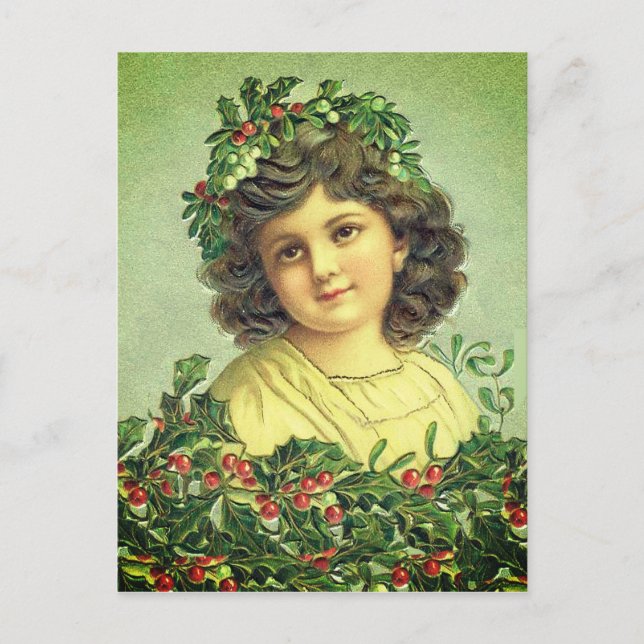 Beautiful Vintage Christmas Holly and Ivy girl Postcard (Front)