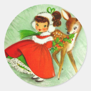 Beautiful Vintage Christmas Reindeer & Girl Classic Round Sticker