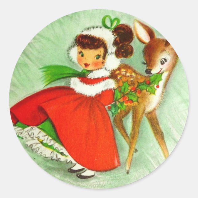 Beautiful Vintage Christmas Reindeer  &  Girl Classic Round Sticker (Front)